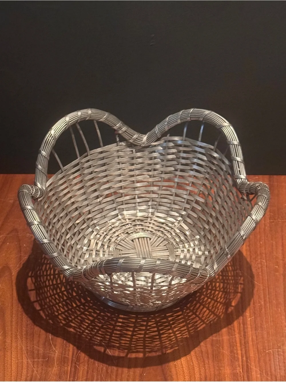 Vintage French Scalloped Silver Tone Woven Metal Basket Decorative Centerpiece